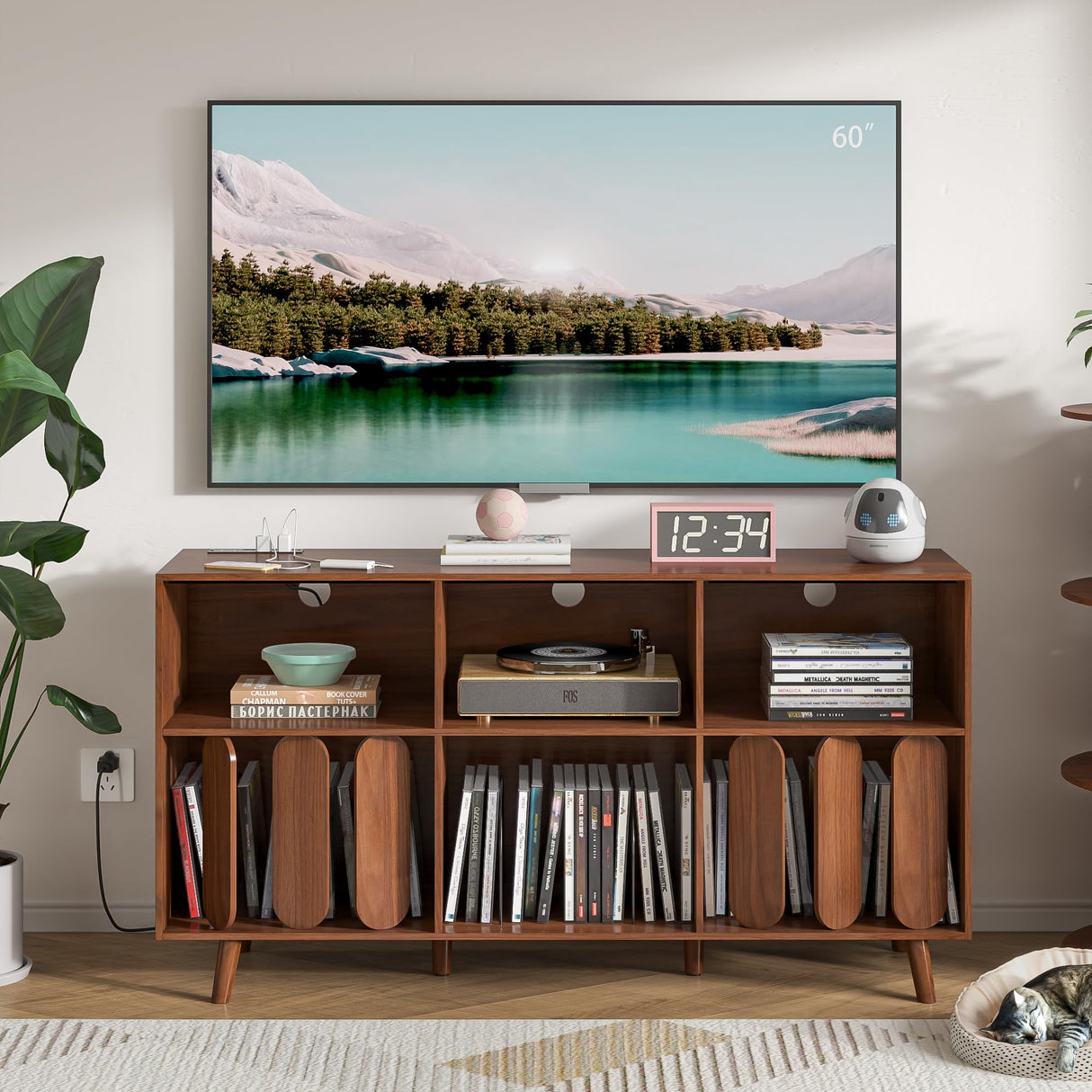 Oubayajia Large Record Player Stand With Power Outlet - Vinyl Storage Holder and Turntable Table (Walnut, 55.11''W*15.74''D*29.52''H) Oubayajia