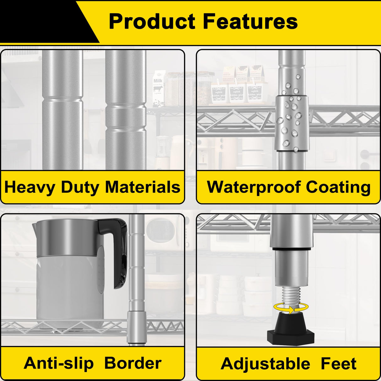 GIOTORENT 5-Wire Garage Shelving Storage Shelves, Kitchen Storage Adjustable Shelf, Metal Shelves 500Lbs Capacity 21" L x 11.8" W x 53.8" H for Laundry Bathroom Pantry Closet, Grey GIOTORENT