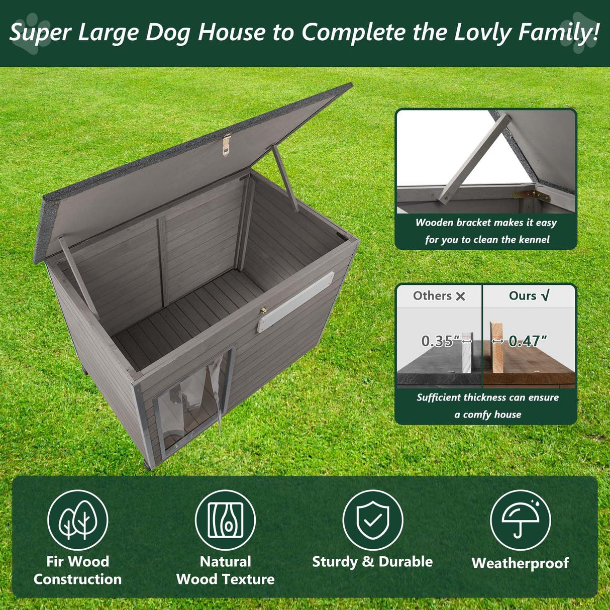 PetsCosset 43.3" L Dog House Outdoor for Large Breeds Dogs Anti Chewing Iron Frames Dog Kennel Wooden Pet Houses for Indoor Outdoor with Weatherproof Roof,6 Elevated Feet, Reinforced Bottom Support PetsCosset
