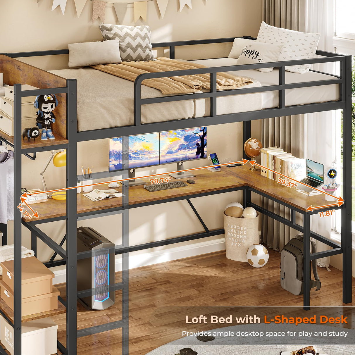 Itaar Twin Loft Bed with L-Shaped Desk, LED Lights and Charging Sation, Loft Bed Twin Size with 3-Tier Storage Shelves and Clothes Rail, Safety Guard & Ladder, No Box Spring Needed, Rustic Brown Itaar