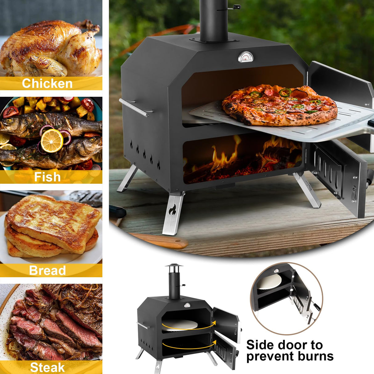 15’’ Outdoor Pizza Oven Wood Fired Pizza Oven Portable Patio Ovens Included Pizza Stone, Pizza Peel, Fold-up Legs, Cover Cooking Rack for Camping Backyard BBQ Polar Aurora