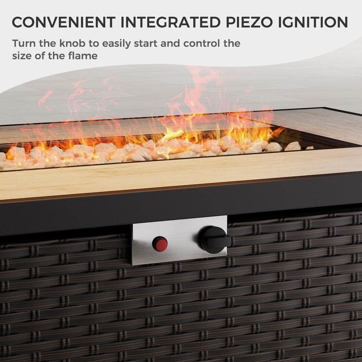 Grand patio 8-Piece Patio Furniture Set with 47" Fire Pit Table, Outdoor Conversation Set & 50,000 BTU 47 Inch Rectangle Propane Fire Pit with Water Resistant Blue Thick Cushions, Brown Grand patio