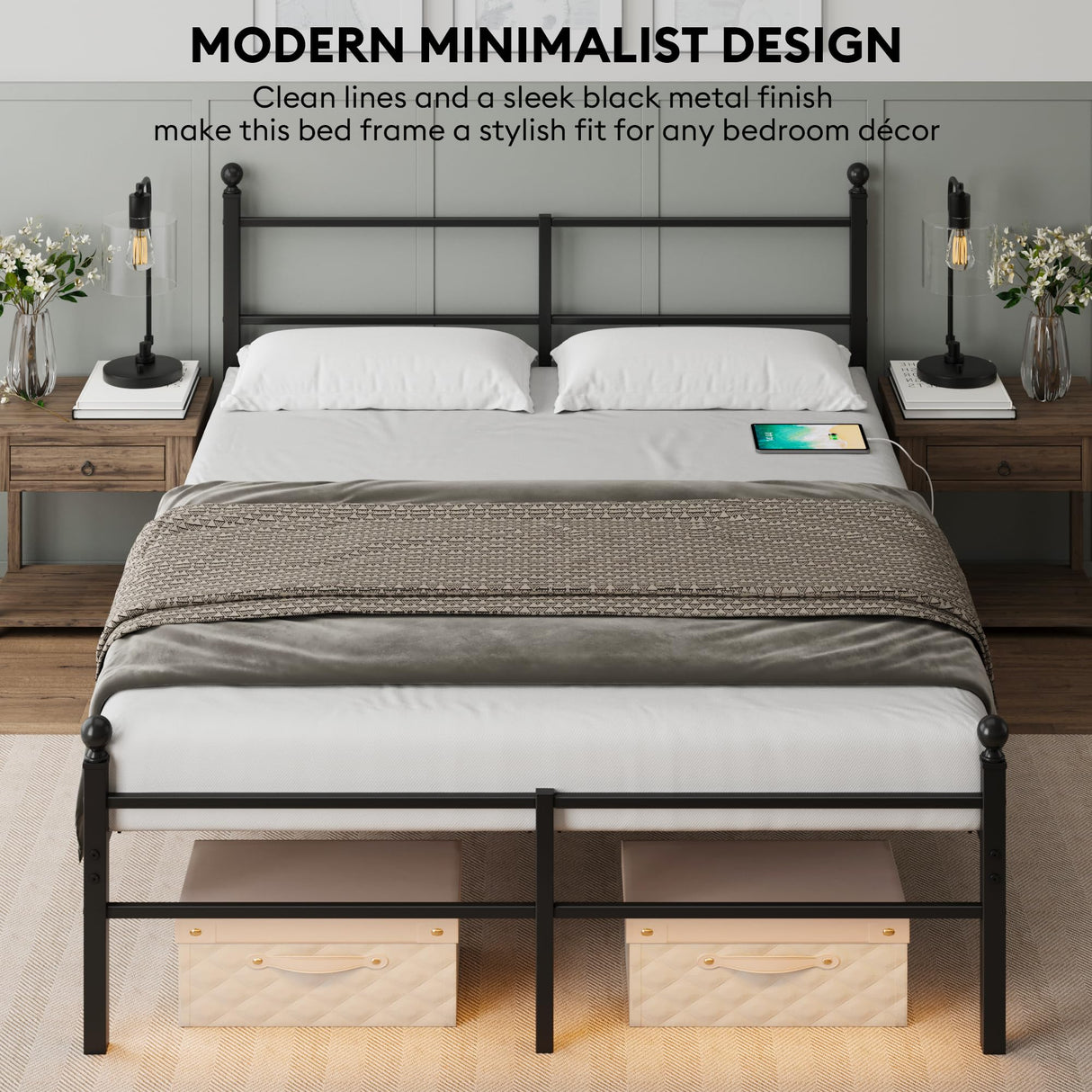 Queen Size Bed Frame with Headboard - Metal Platform Bed with LED Lights, Charging Station, Under Bed Storage and Heavy Duty Steel Slats Support - No Box Spring Needed, Easy Assembly, Black BedNZZZ