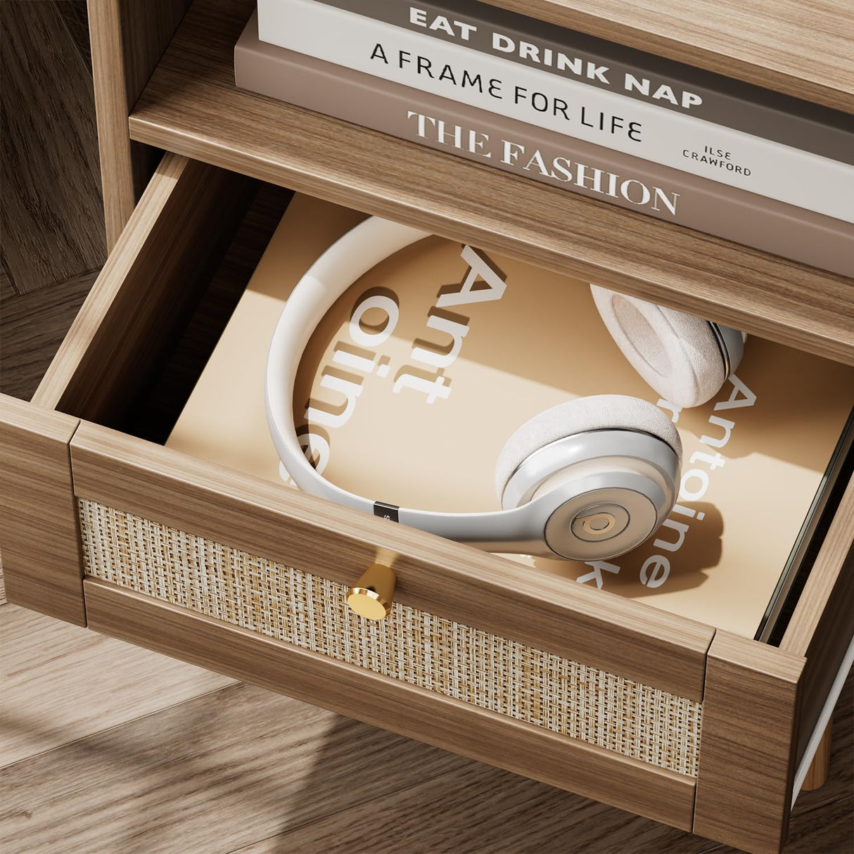 Night stand Set of 2, Bedside Tables with Charging Station, Rattan End Tables, Bed Side Tables, Wood Nightstands set of 2 for Farmhouse Kids' Room Bedroom Living Room Dorm Sofa Office Corner(Brown) MECHYIN