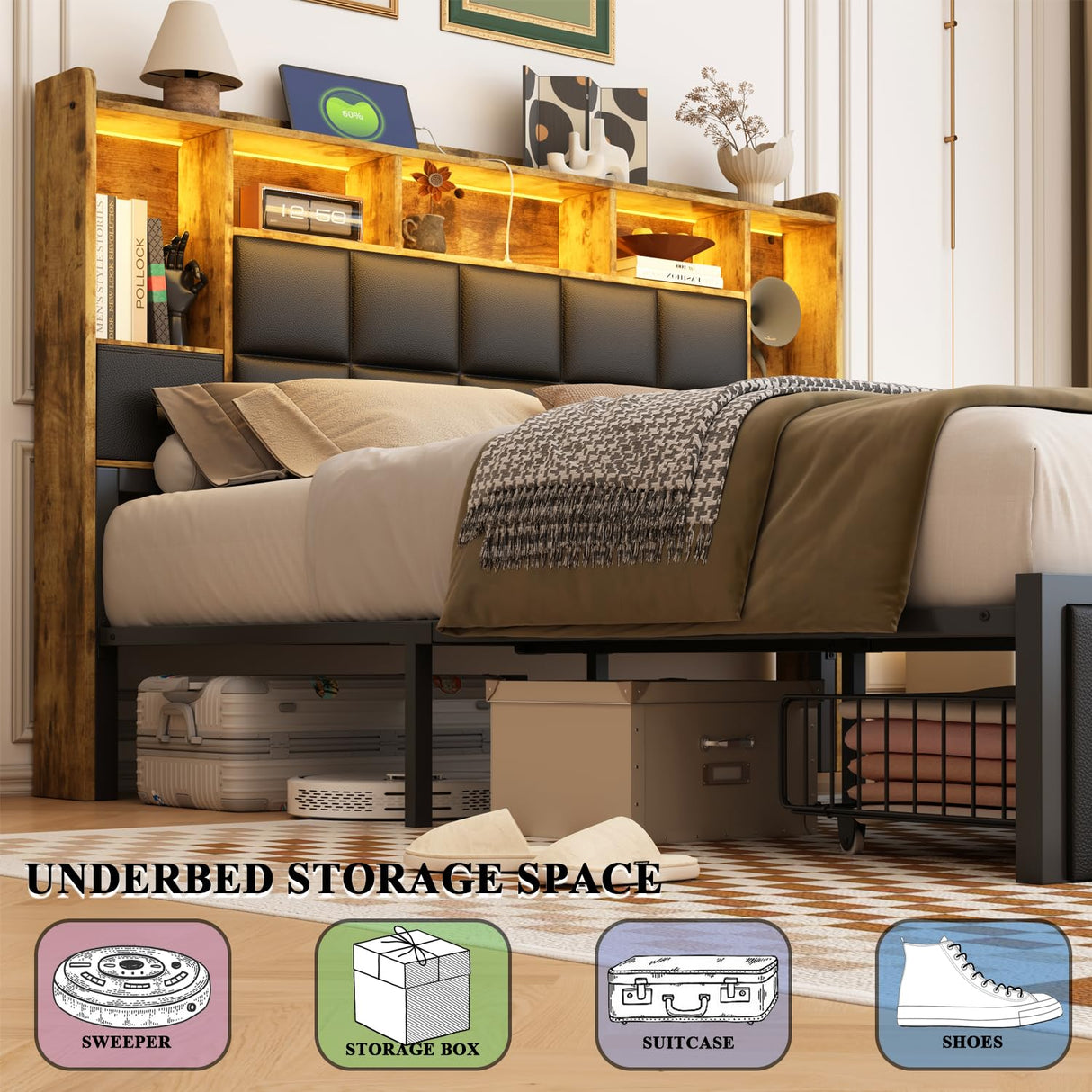 TIGUBFRE LED Bed Frame Queen Size with 2 Hidden Storage Drawers & Bookcase, PU Leather Headboard, Upholstered Platform Bed with Charging Station, Metal Slats Support, Noise Free, No Box Spring Needed TIGUBFRE