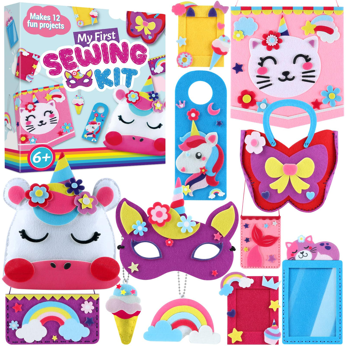 ZOIIWA 12Sets My First Felt Sewing Kit for Kid Arts Crafts Unicorn Felt DIY Craft Kit DIY Stuffed Mermaid Purse Bags Pillow with Instruction Embroidery Gift for Girl Boy Beginners Ages 4+ Learn to Sew ZOIIWA