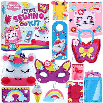 ZOIIWA 12Sets My First Felt Sewing Kit for Kid Arts Crafts Unicorn Felt DIY Craft Kit DIY Stuffed Mermaid Purse Bags Pillow with Instruction Embroidery Gift for Girl Boy Beginners Ages 4+ Learn to Sew