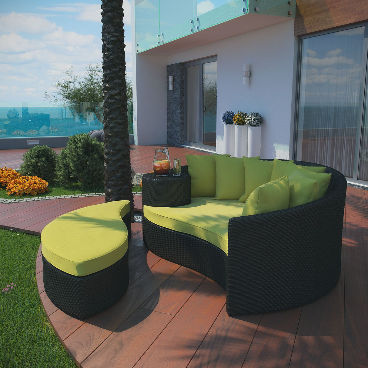 Modway Taiji Outdoor Wicker Patio Daybed with Ottoman in Espresso with Peridot Cushions Modway
