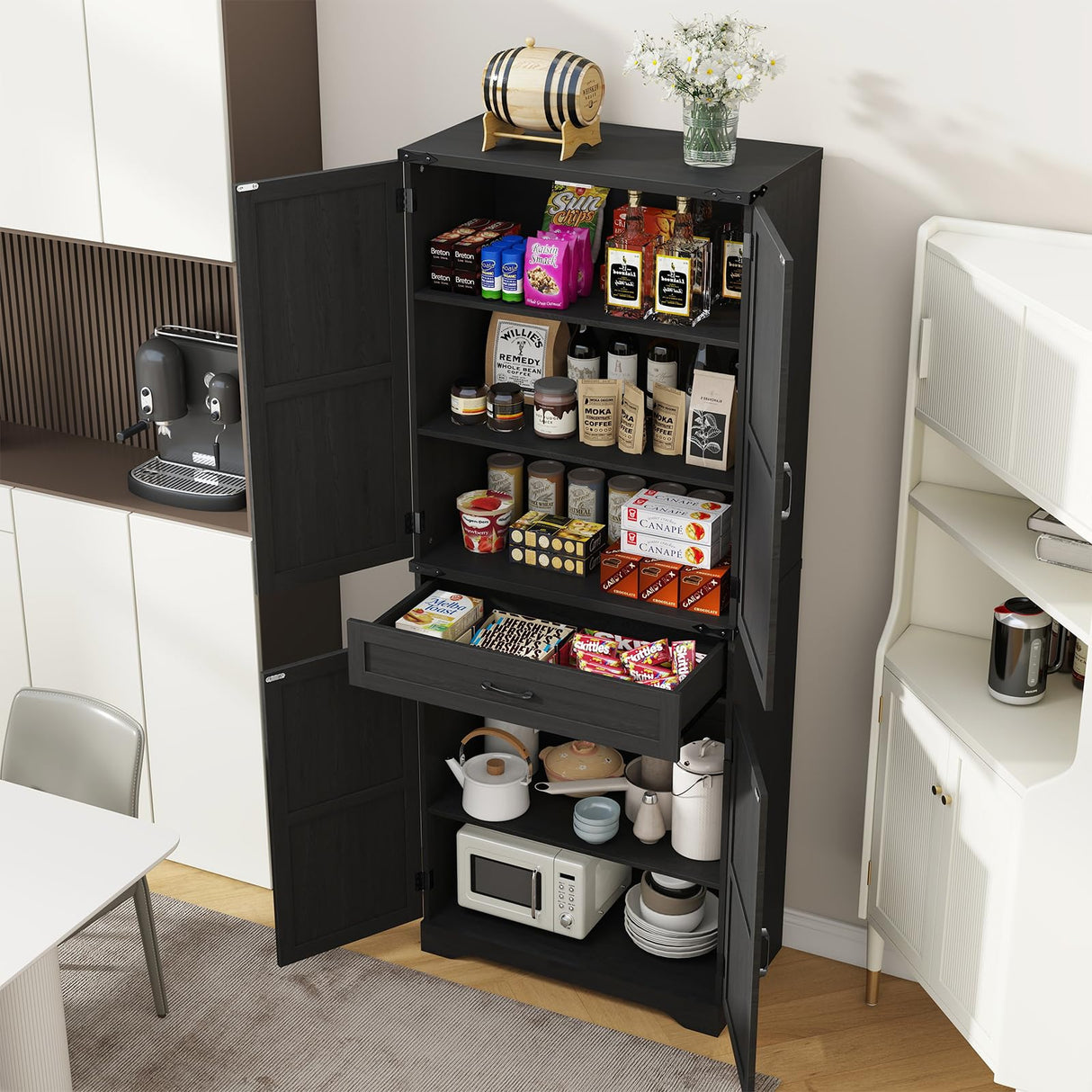 72" Tall Kitchen Pantry Storage Cabinet, Farmhouse Storage Cabinet with Organizer, Large Capacity Storage Cabinet with Drawer,Freestanding Cupboard for Kitchen, Dining Room, Living Room, Black Halitaa