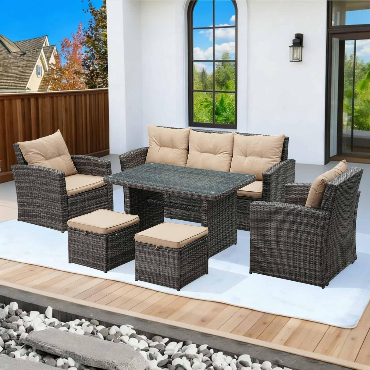 ZJEYEJZ 6 Pieces Patio Furniture Set - All-Weather Outdoor Wicker Sectional Conversation Sofa, Rattan Patio Seating Sofa Set with 4'' Cushion and Glass Table for Porch Poolside, Brown ZJEYEJZ
