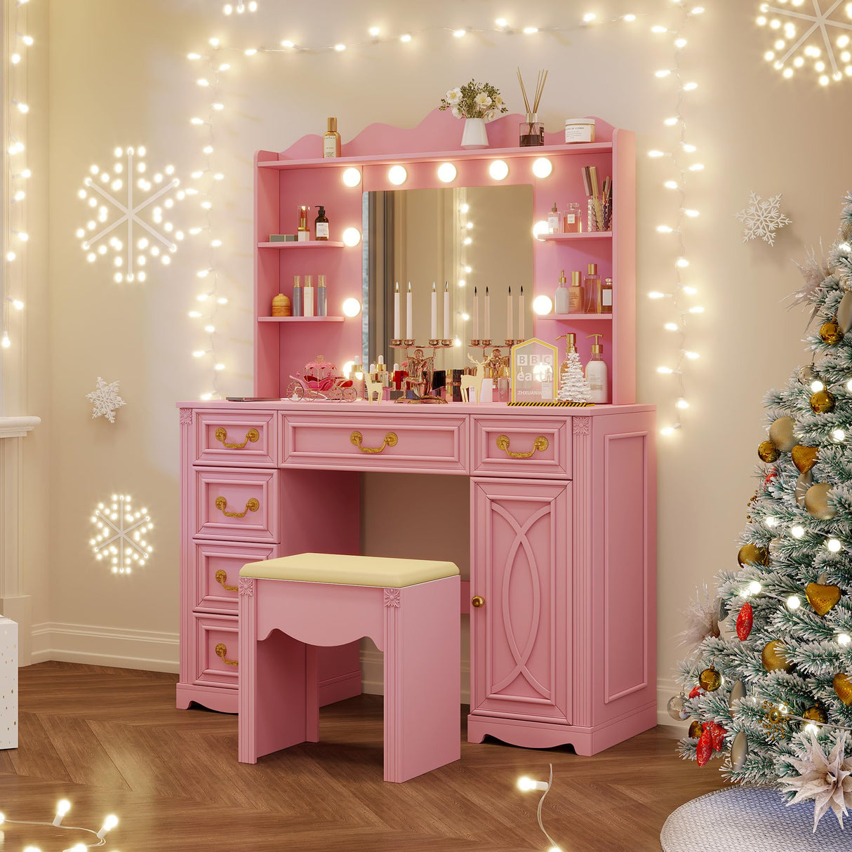 Vlsrka Vanity Desk with Large Mirror and Lights, 43.3" Makeup Vanity Desk with Charging Station and 6 Drawers, Makeup Dressing Table with Storage Stool for Bedroom (Pink) Vlsrka