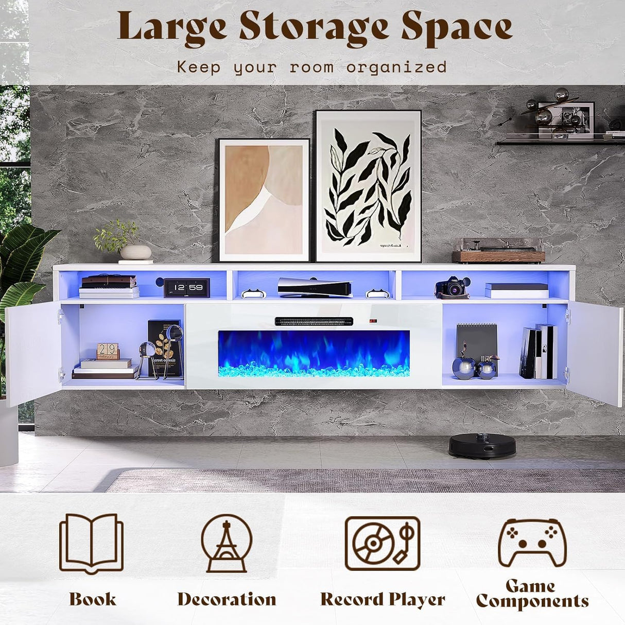 AMERLIFE 70in Floating Fireplace TV Stand with 36" Electric Fireplace and LED Lights, Wall Mounted Entertainment Center with Storage, Modern Media Console for TVs Up to 80", White AMERLIFE