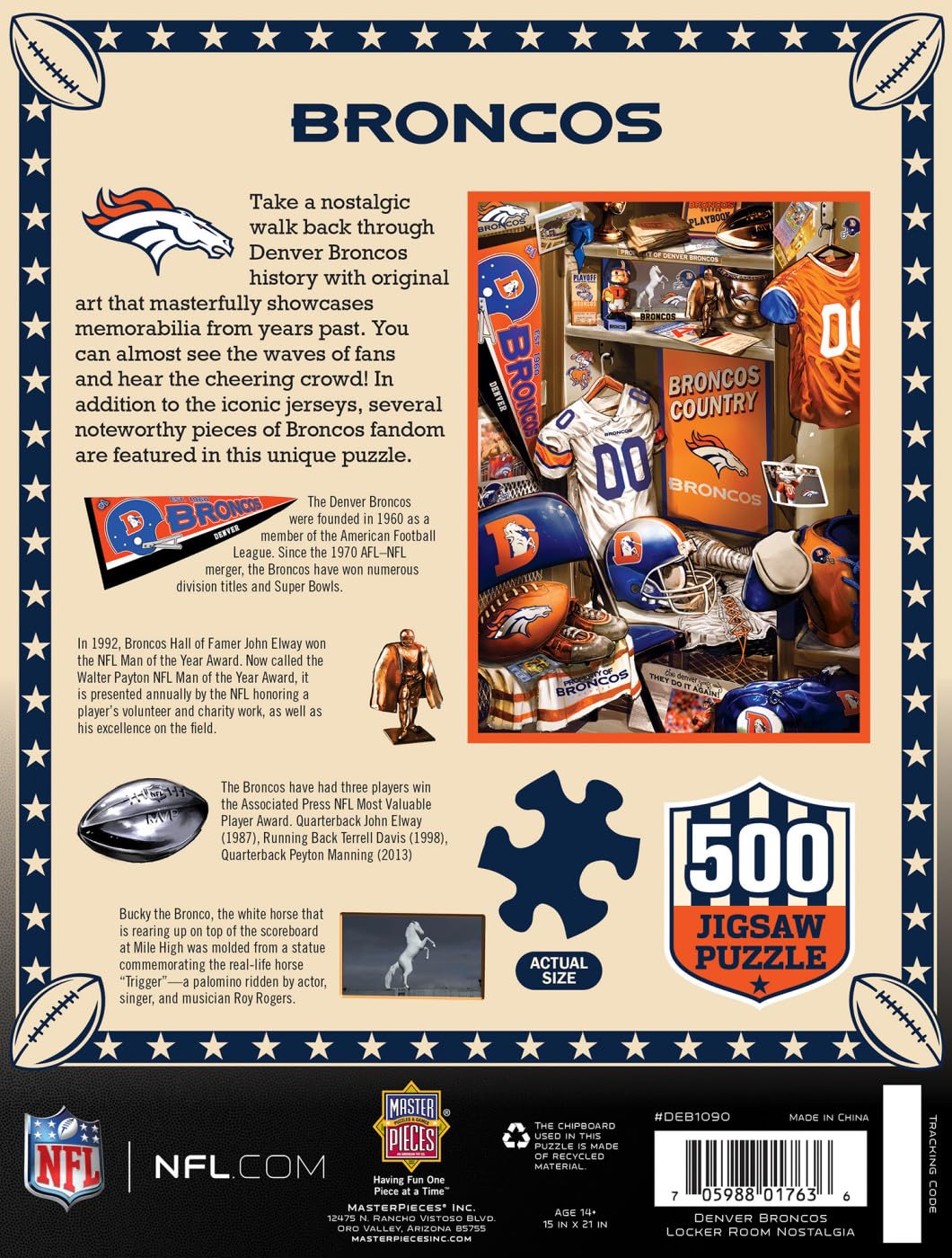 MasterPieces Game Day 500 Piece Jigsaw Puzzle for Adults - NFL Denver Broncos Locker Room - 15"x21" Masterpieces