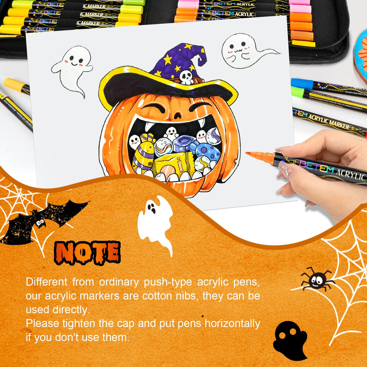 Betem 48 Colors Paint Markers Acrylic Paint Pens, Dual Tip with Brush Tip and Fine Tip, Art Supplies for Rock Painting, Wood, Canvas, Stone, Glass, Ceramic, DIY Crafts Making Drawing Kit with Bag Betem