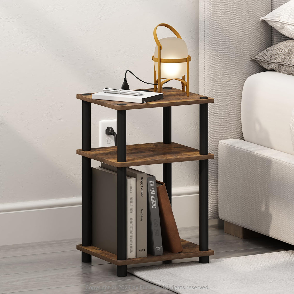 Furinno Just 3-Tier Turn-N-Tube Open Storage Nighstand, Bedside Table with USB and Type-C Charging Station, Amber Pine/Black Furinno