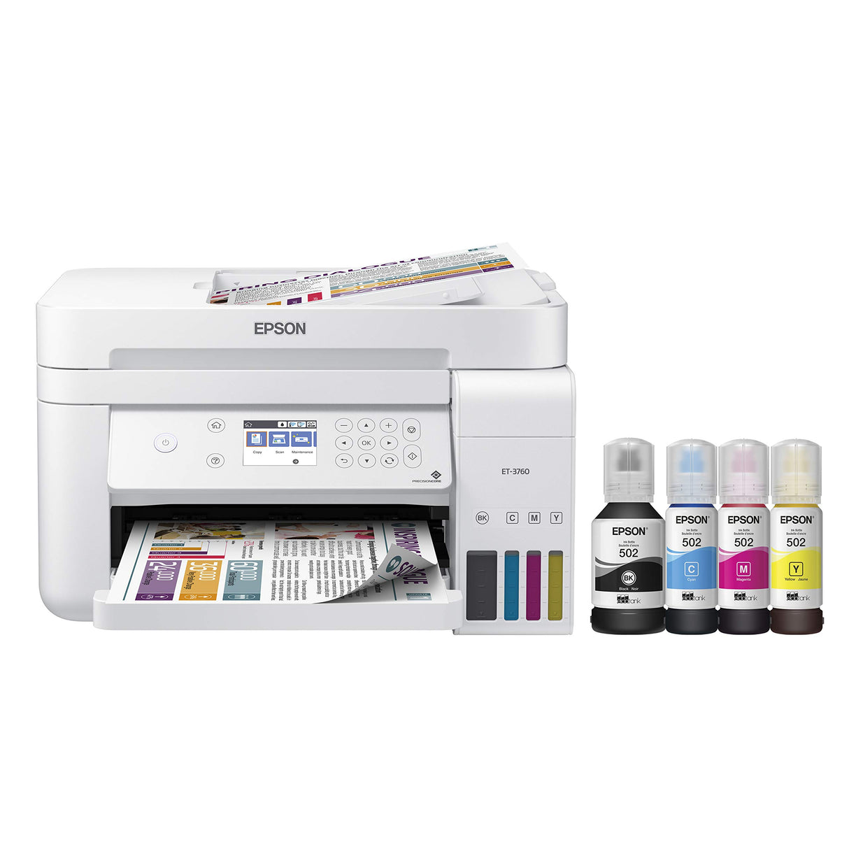 Epson EcoTank ET-3760 Wireless Color All-in-One Cartridge-Free Supertank Printer with Scanner, Copier and Ethernet, Regular Epson