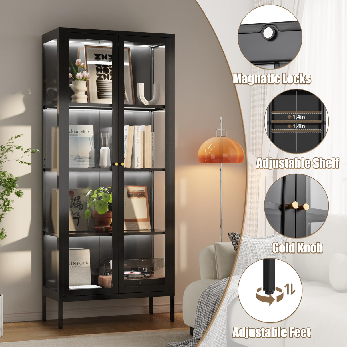 Glass Display Cabinet with LED Lights, Black Curio Glass Showcase, 66" Tall Metal Storage Cabinet with Doors and Adjustable Shelves, 3 Color Lighted Display Case for Living Room, Home Office, Pantry MetalMax