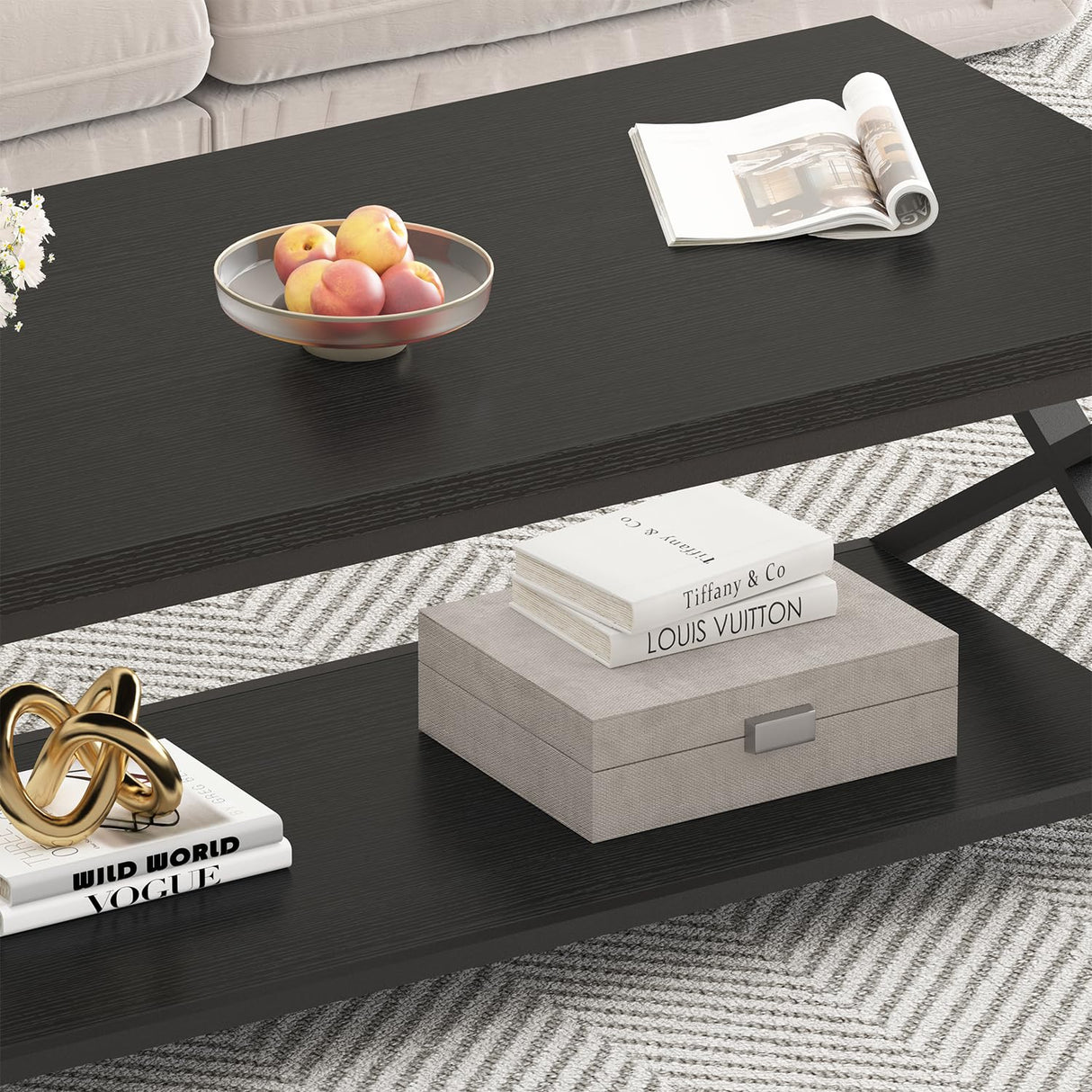 HSH Black Coffee Table with Storage Shelf, Modern Minimalist Metal Wood Living Room Table, Simple 2 Tier Rectangle Center Table, 39 Inch Home Office Bedroom Cocktail Tea Table Display Coffee Table HSH