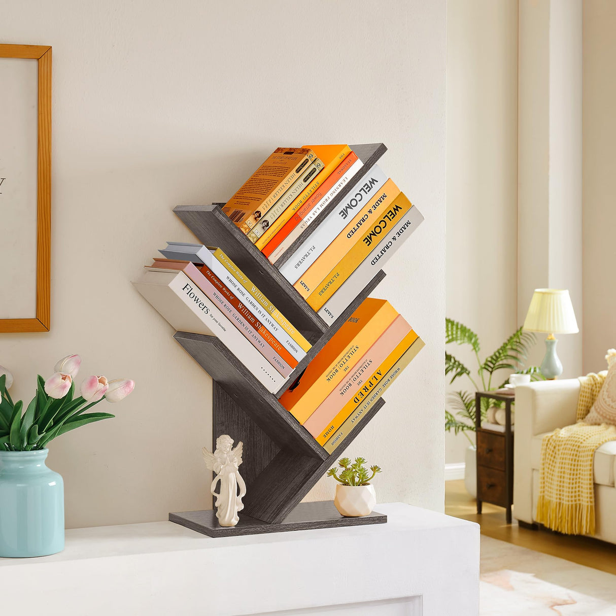 Hoctieon 4 Tier Tree Bookshelf, 4 Shelf Bookcase, Free Standing Tree Bookcase, Display Floor Standing Shelf for Books, Book Organizer Shelves for Home Office, Living Room, Bedroom, Grey Hoctieon