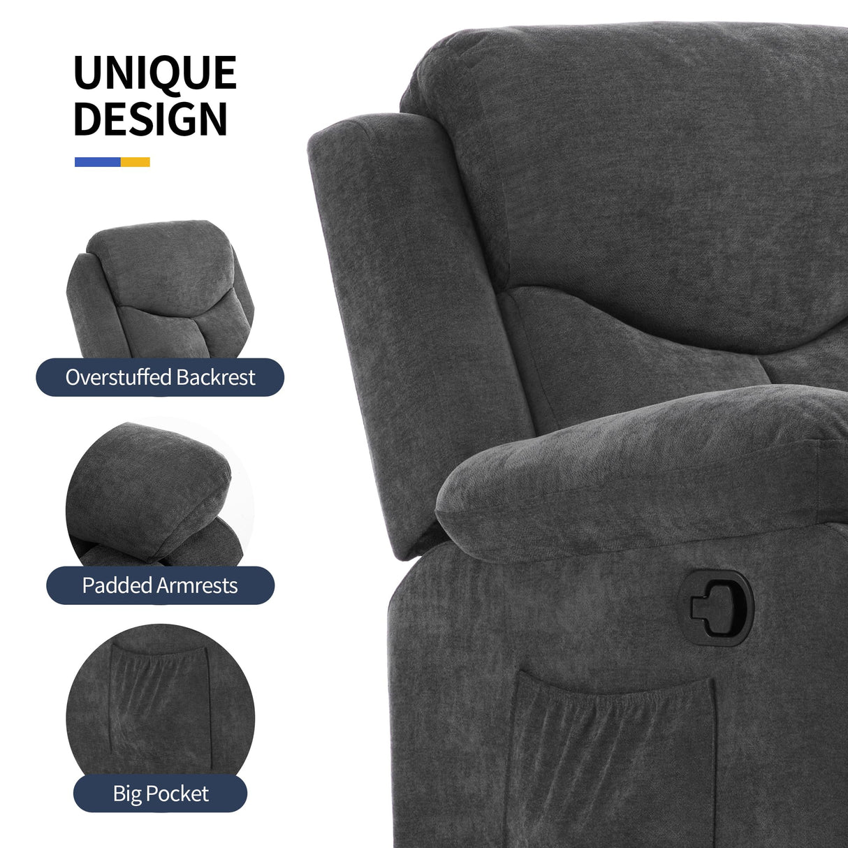 Sftaiyou Manual Rocker Recliner Massage Chair for Adults,Overstuffed Glider Rocking Recliner Fabric Chair for Living Room,Upholstered Soft Reclining Chair with Side Pocket (Dark Grey) Sftaiyou