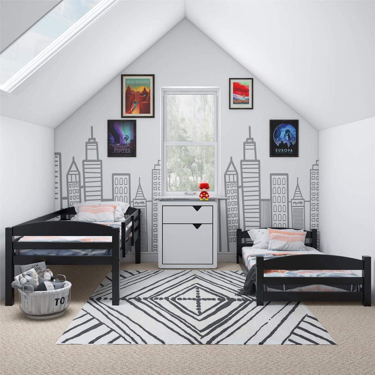 DHP Phoenix Twin Bunk Bed with Ladder, Black, Space-Saving Design, Solid Wood Construction DHP