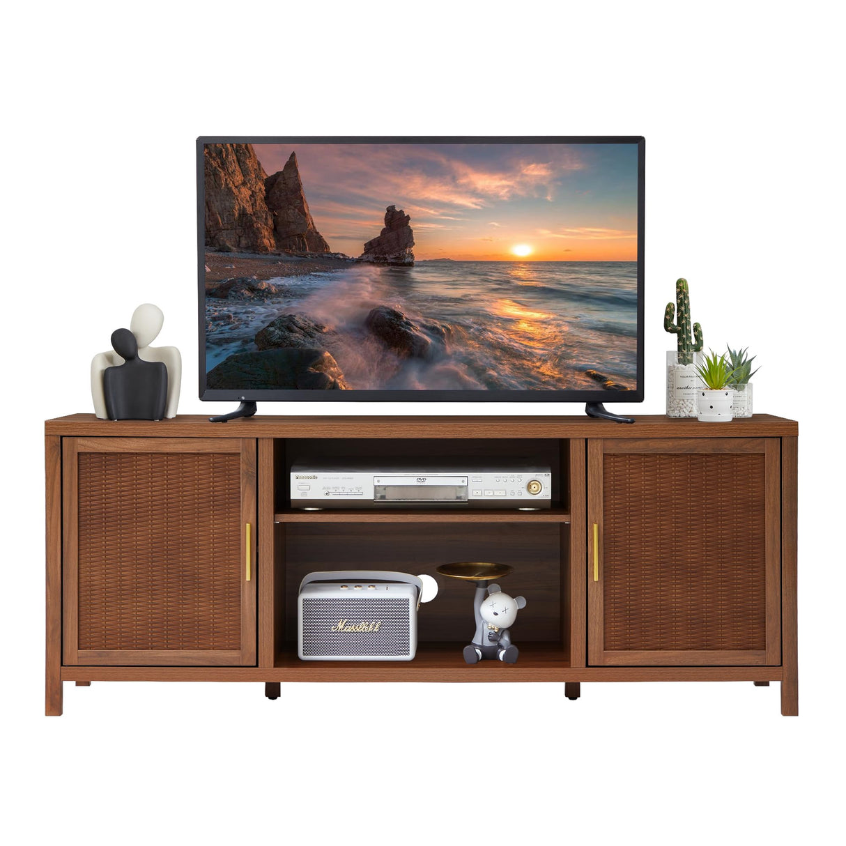 affeivul Mid Century Modern TV Stand with Storage Cabinet, 65 inch Low TV Console Table, Rattan TV Stand with Doors, Rustic Walnut TV Entertainment Stand with Shelves for Bedroom/Living Room affeivul