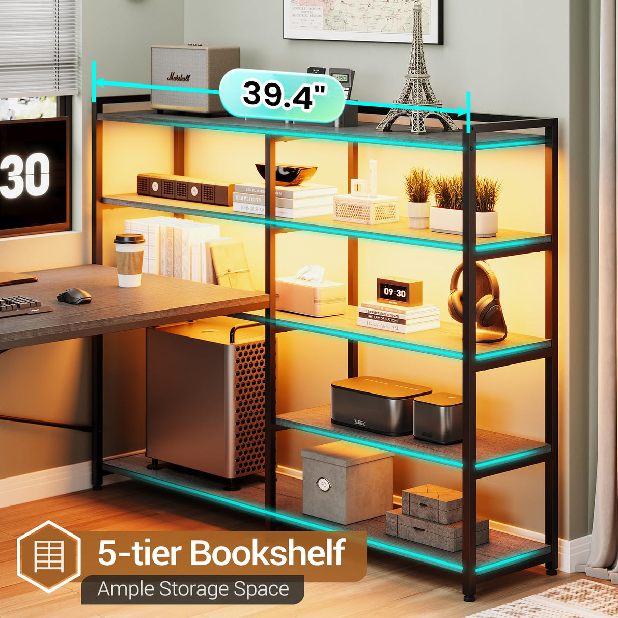 SEDETA Corner Computer Desk, Reversible U Shaped Office Desk with 3 Fabric Drawers and Power Outlet, Corner Gaming Desk with LED Lights, Storage Shelves, Grey SEDETA