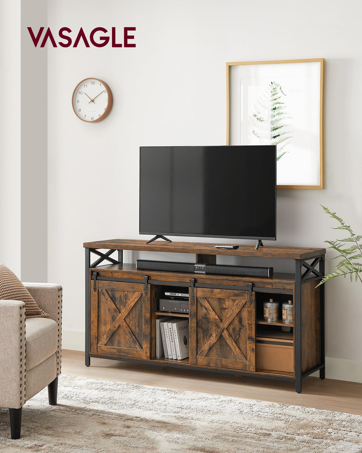VASAGLE TV Stand for 65 Inch TV, Entertainment Center, TV Table and Console, TV Cabinet with Adjustable Shelves, Industrial Design, Rustic Brown and Black ULTV071B01 VASAGLE