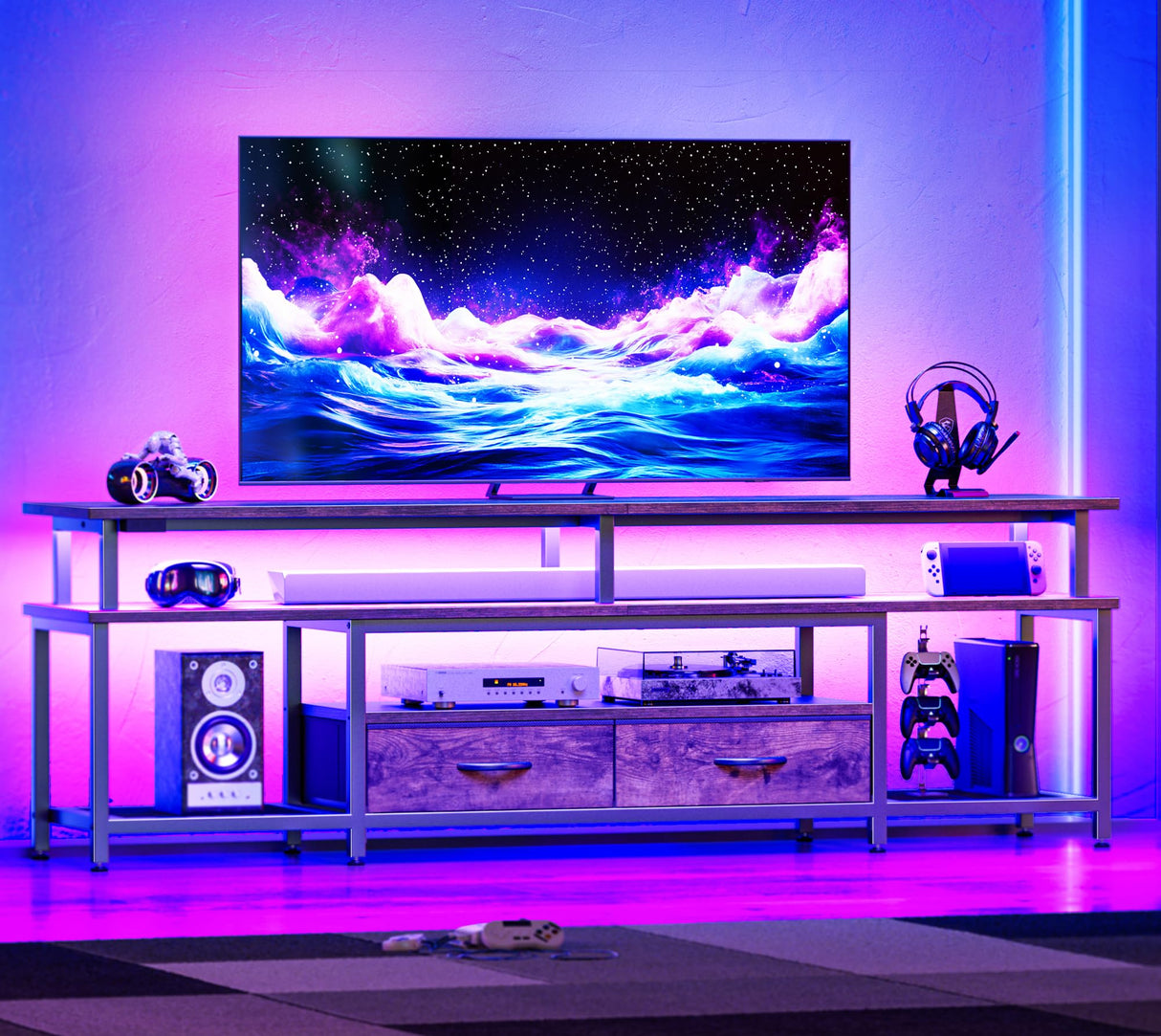 Huuger TV Stand for 65, 70, 75 Inch TV, Entertainment Center with Power Outlets and LED Lights, TV Console for Living Room, Media Console with Drawers and Shelves, Rustic Brown Huuger