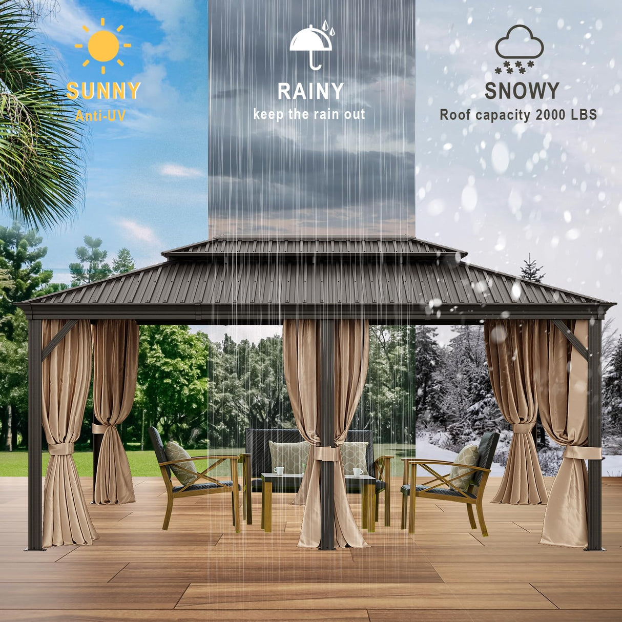 12x18Ft Hardtop Gazebo, Aluminum Frame Canopy with Double Galvanized Steel Roof, Outdoor Heavy Gazebo with Nettings and Curtains for Backyard, Patio and Deck (Brown 12x18 Ft) TRUSTERTHEE