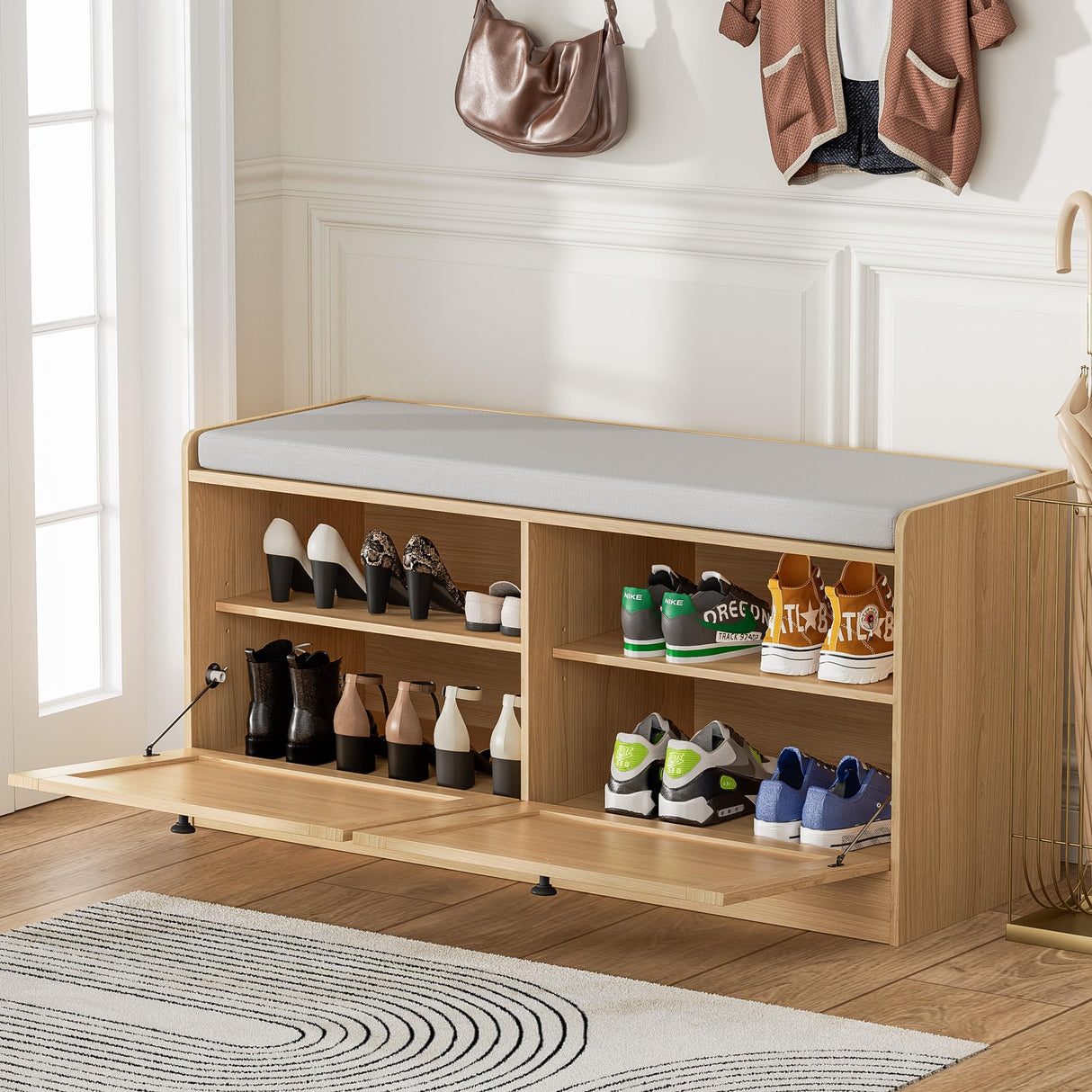 MHOM Rattan Shoe Bench for Entryway, Hallway and Bedroom - Boho Bench With Storage Cabinets and Seat Cushion - Wooden Storage Bench Fits up to Size 16 - Natural Oak MHOM