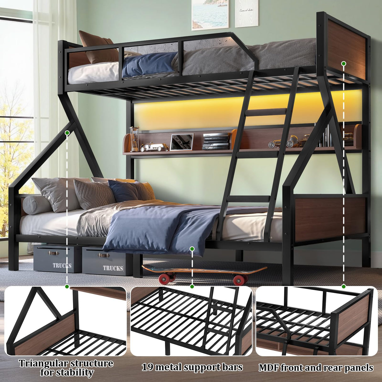 HKOLIE Twin XL Over Queen Bunk Bed with Storage Shelves & LED Lights, Heavy Duty Metal Bunk Bed Frame with Stairs, Noise-Free Design, Space-Saving Bed with Guardrails for Kids, Teens & Adults, Black HKOLIE