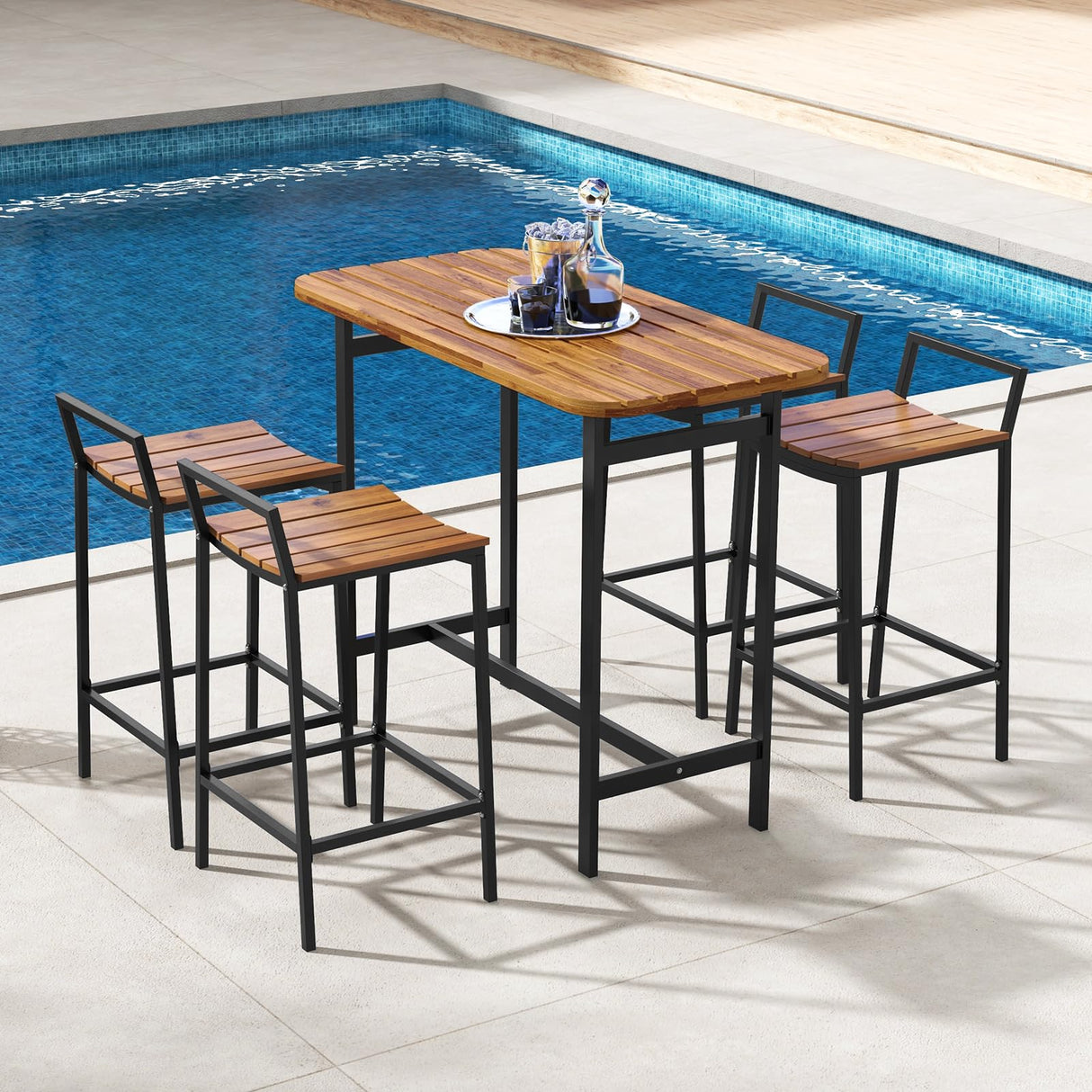 Tangkula 5-Piece Rustic Acacia Wood Bar Height Patio Set for Outdoor Dining Tangkula