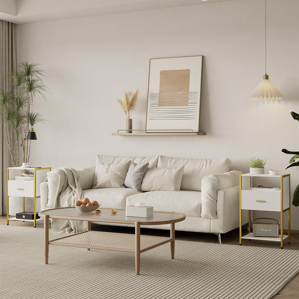 JOONEE Modern Nightstand, White and Gold Side Table with Drawer, Fluted Bedside Table with 3 Storage Shelves for Living Room, Bedroom JOONEE