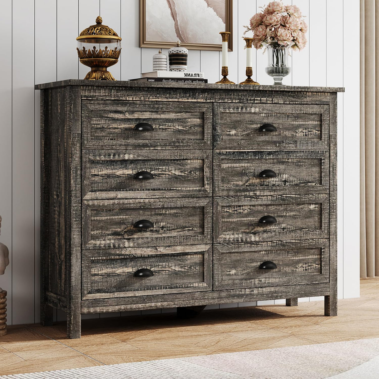 Rustic 8 Drawer Dresser for Bedroom, Modern Farmhouse Wood Dresser with Vintage Black Antique Handle, Double Dresser and Chest of Drawers for Hallway 8 Drawer Dresser, Rustic Brown Oak HOUROM
