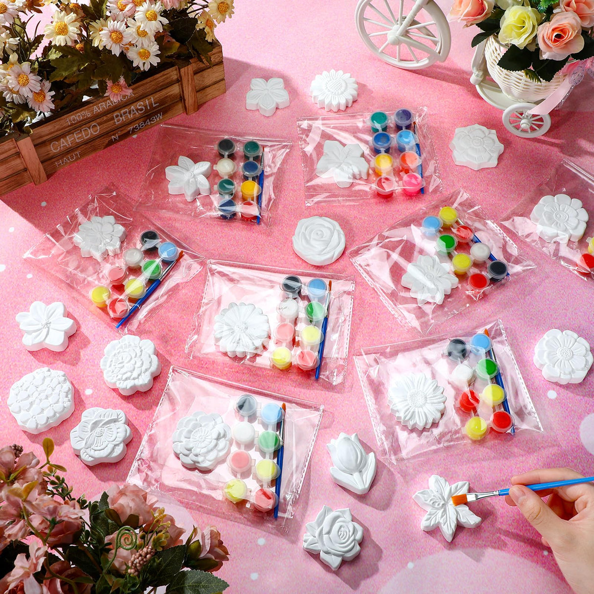 JellyArch 20 Set Flower DIY Painting Kit Ceramic to Paint Your Own Statues Unpainted Plaster Figurines Brushes Acrylic Paints Bags Party Favor for Adults JellyArch