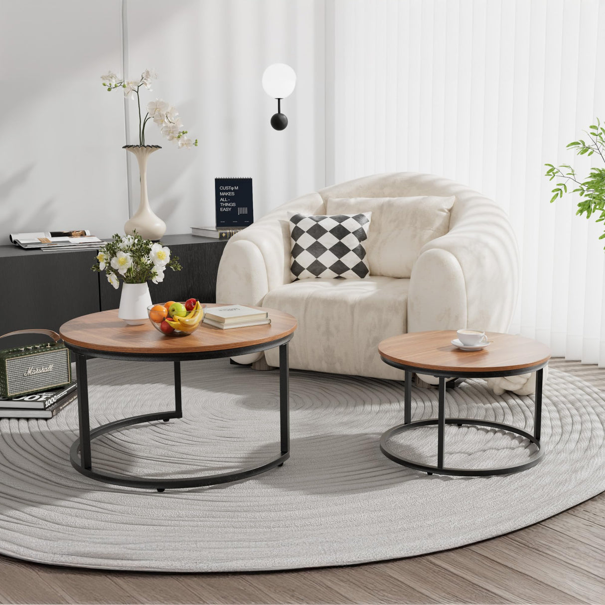 Otterease Nesting Tables Set of 2, 31.5" Round Coffee Table, Small Nesting Coffee Table with Adjustable Non-Slip Fee, Wood Grain Top Nesting Tables for Living Room, Bedroom (Wood Grain Brown) Otterease