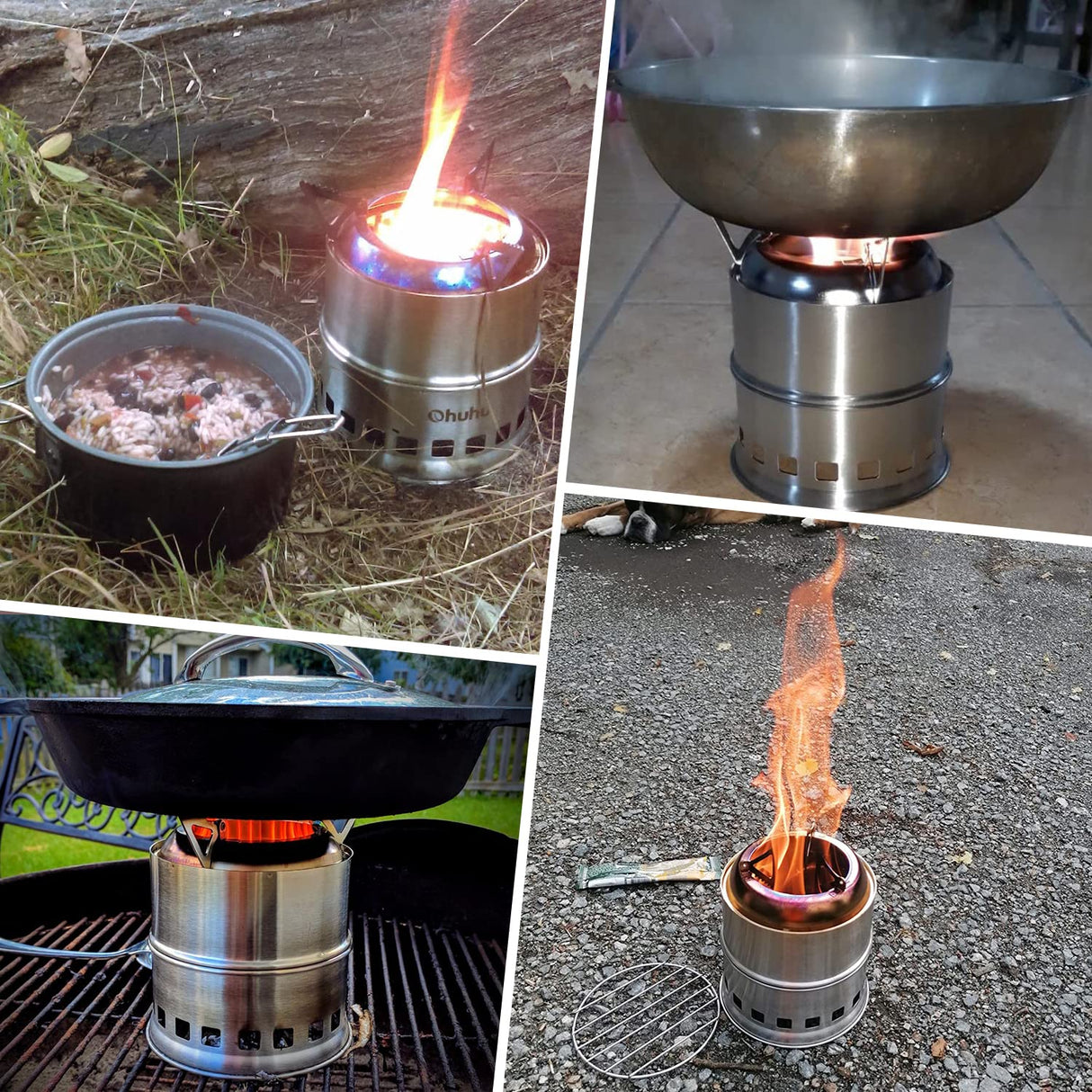 Camping Stove, Ohuhu Camp Stove Wood Burning Stove Stainless Steel Stoves Mini Portable Stove for Camping Picnic BBQ Backpacking Hiking Survival Emergency Cooking Outdoor with Grill Grid Carry Bag Ohuhu