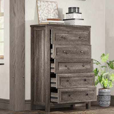 AMERLIFE 5 Drawers Dresser for Bedroom, Farmhouse Wooden 47" Tall Dresser for Closet, Natural Texture Chest of Drawers for Bedroom, Living Room, Hallway and Entryway, Rustic Grey