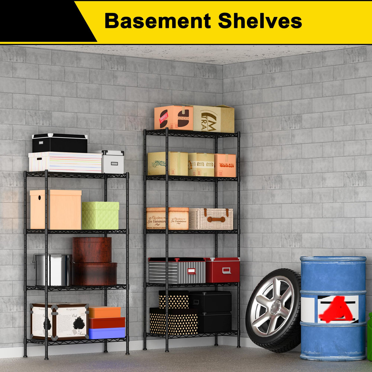 GIOTORENT 5-Wire Garage Shelving Storage Shelves, Metal Shelf Organizer 1750Lbs Capacity, Kitchen Storage Adjustable Shelf for Laundry Bathroom Pantry Closet, Black 36.2''L x 14''W x 72.3''H GIOTORENT