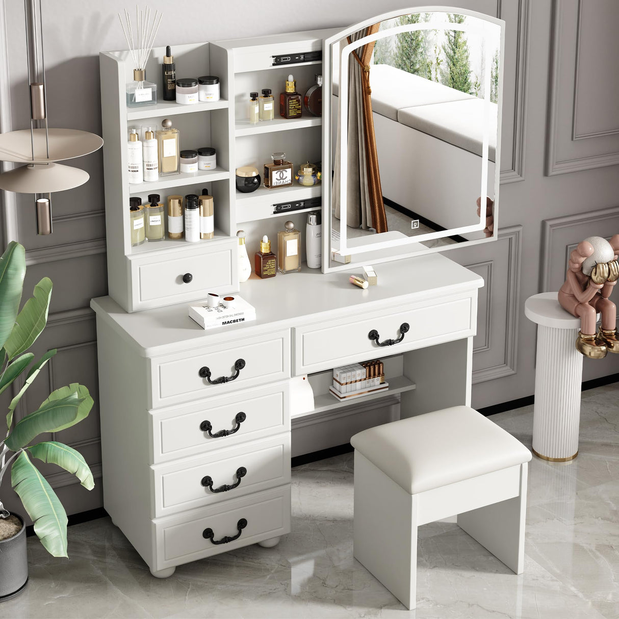 Leavader Vanity Desk Set with Lighted Mirror and Stool, Makeup Table with Sliding LED Lighted Mirror-3 Color Models, Makeup Desk with 6 Drawers & Shelves & Cushion Stool, Dressing Table for Home Apt Leavader