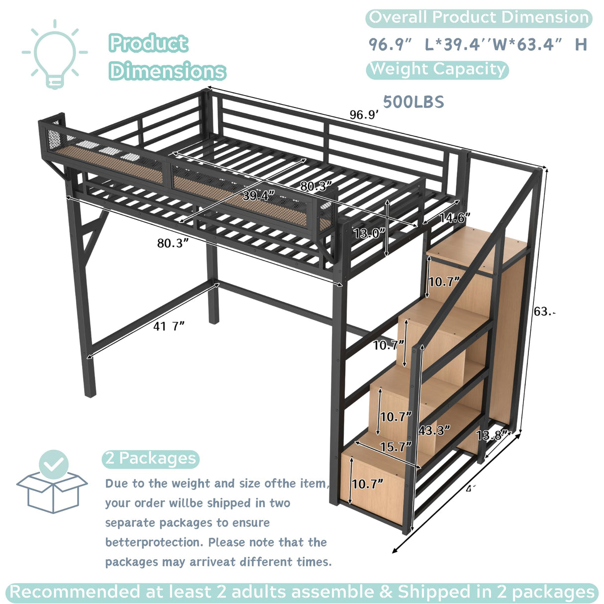Twin XL Loft Beds with Storage Beside Shelves and Wardrobe, Metal Loft Bed Twin with LED Lights and USB Ports, Heavy-Duty Loft Bed Frame for Teens, Adults, Noise-Free & Space-Saving, Black Bellemave