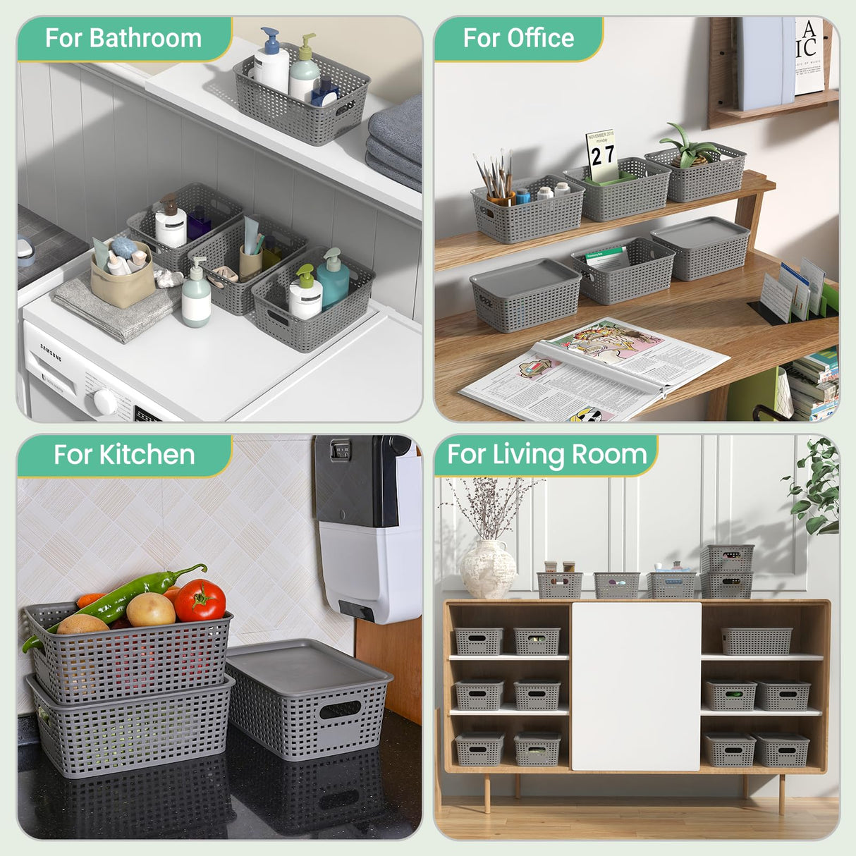 Plastic Storage Baskets with Lid-Plastic Storage Containers Stackable Storage bins: Storage Baskets for Organizing Shelves Drawers Desktop Closet Playroom Classroom Office, 8Pack-Gray,10.2x7.2x4.1Inch Ohmlove