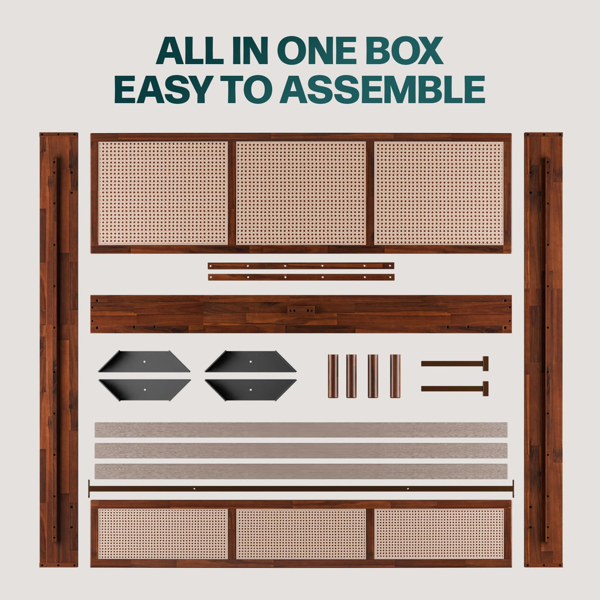 Bme Nancy Dark Chocolate King Bed Frame with Geometric Headboard – Mid Century Modern Solid Acacia Wood Design Bme