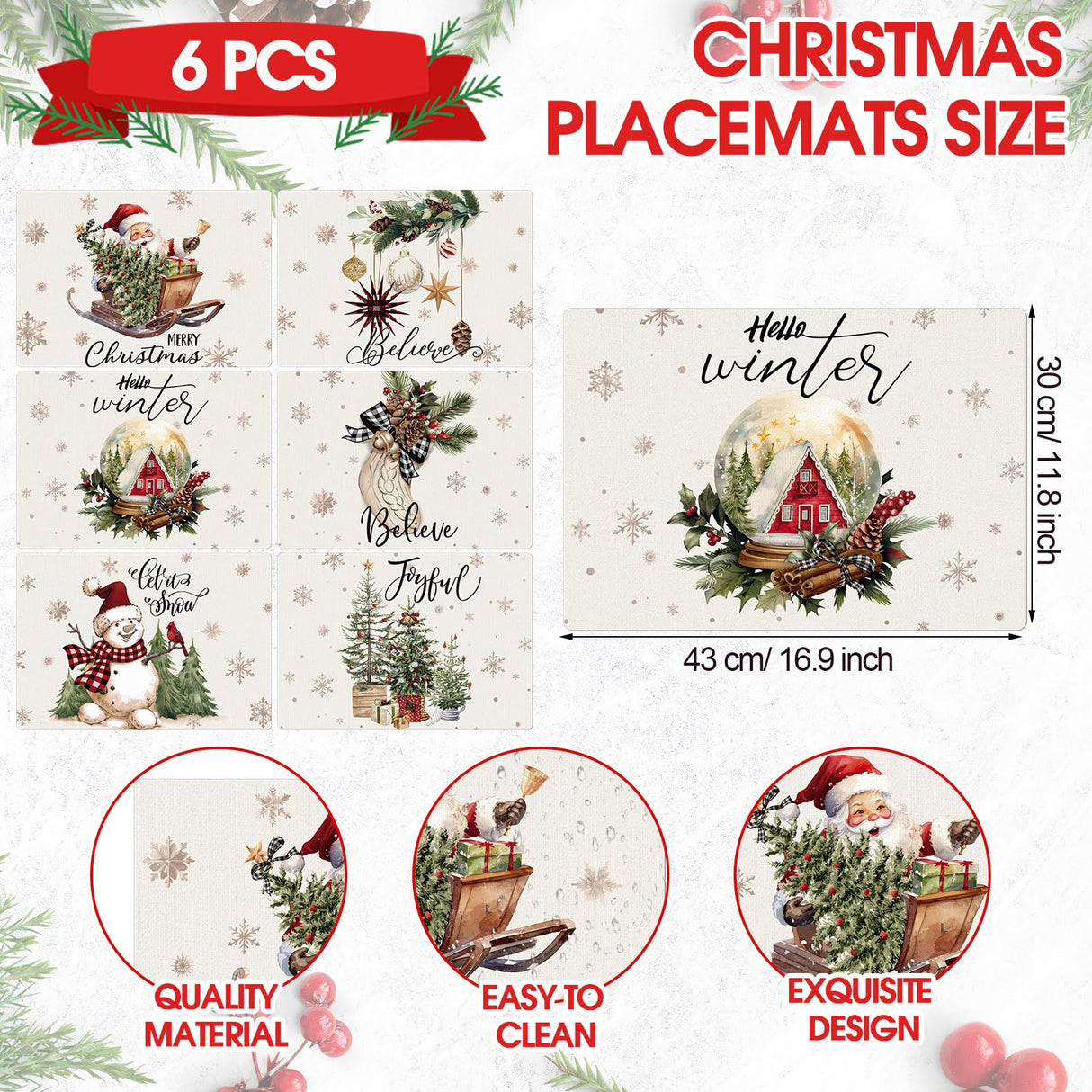 Gandeer Set of 6 Rustic Christmas Placemats 17 x 12'' Farmhouse Plastic Place Mats Santa Modern Christmas Placemats Wipeable Washable Vinyl Table Mats for Kitchen Xmas Home Dining Party Decor Gift Gandeer