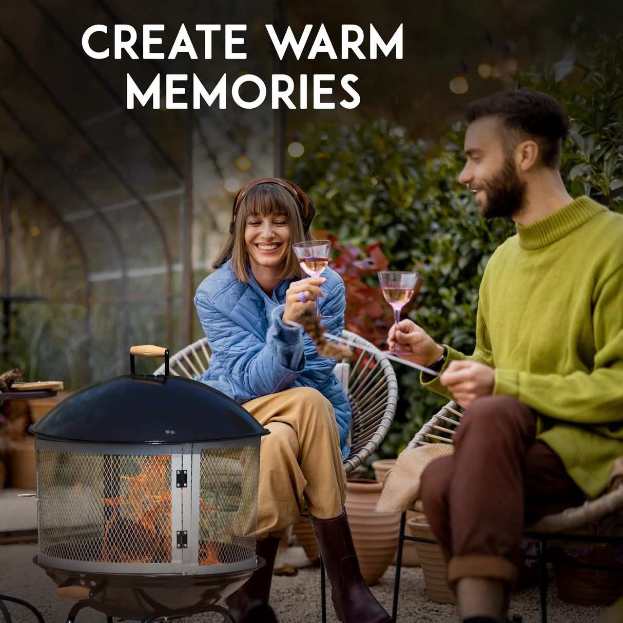 Fire Sense 01471 Fire Pit Bessemer Rolling Patio Fireplace Wooden Bonfire Porcelain Enamel Wood Burning with Wheels & Handle Grip for Outdoor Entertaining - Black & Silver - 28" Fire Sense