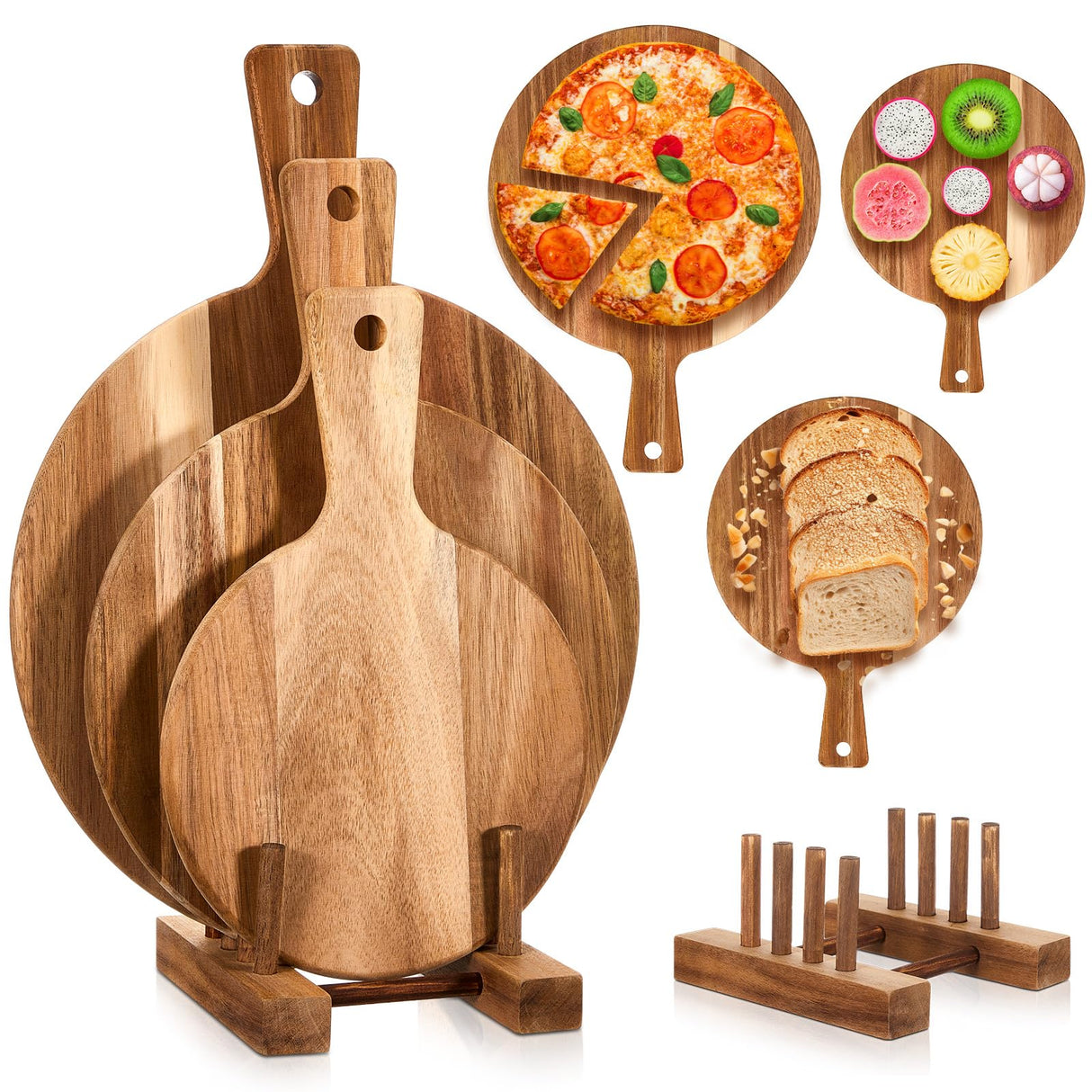 Hushee 3 Pcs Acacia Wood Cutting Board with Handle Round Wooden Chopping Board and Dish Rack Set Serving Platter Pizza Paddle and Plate Rack Stand Hushee