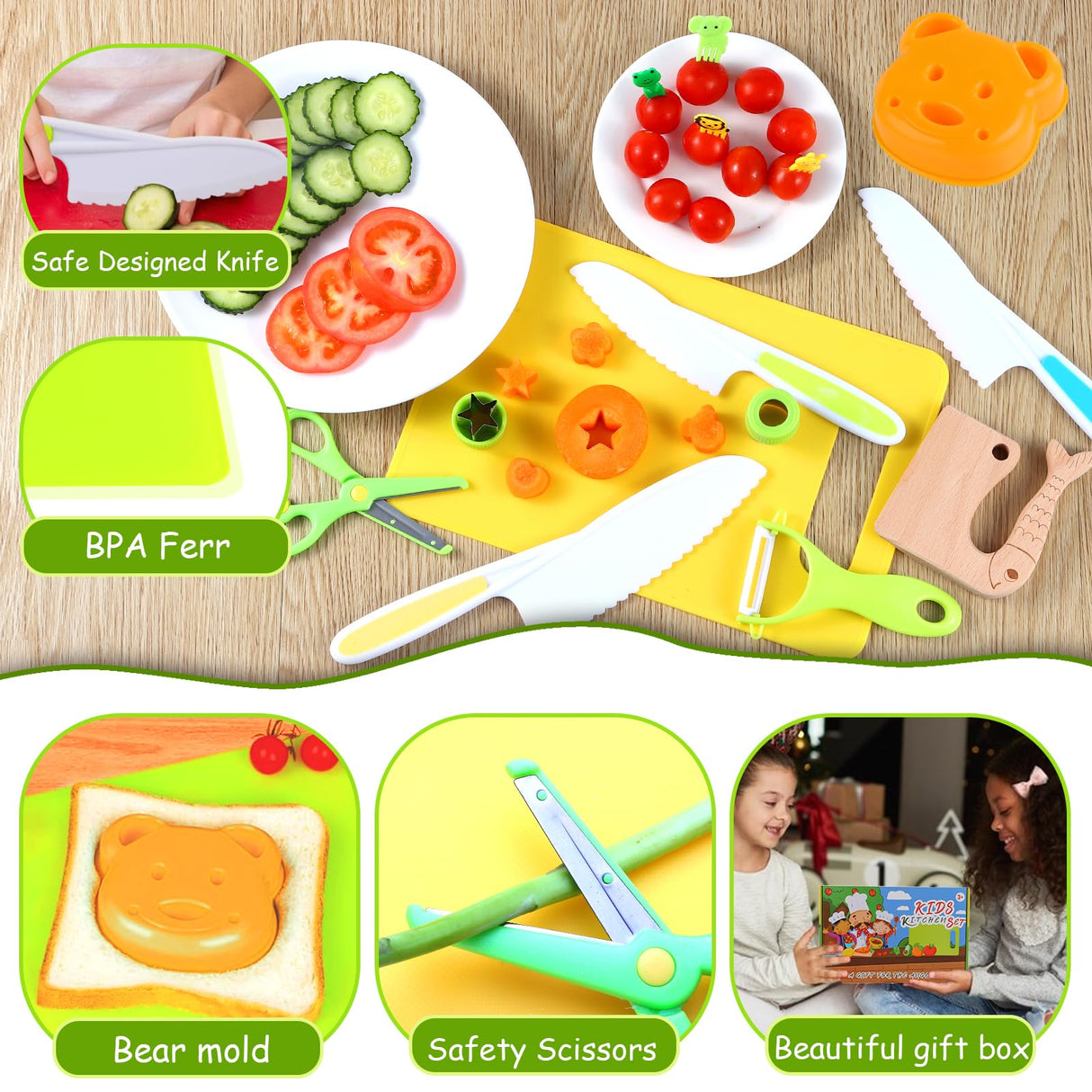 Kids Montessori Cooking Kitchen Toys and Toddler Knife Set - 30Pcs Kids Knifes for Real Cooking and Baking Accessories ,Toddlers Kitchen Tools Ages 3-10 Kids Birthday (30 PCS) ASSBABY