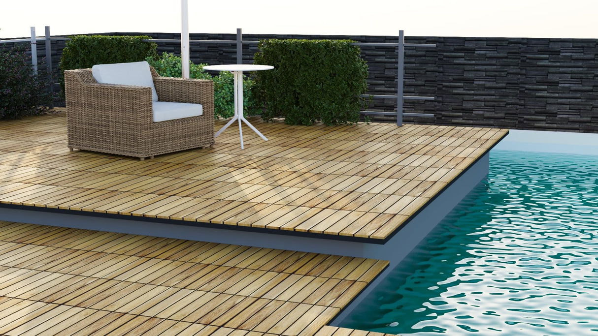 BEEFURNI Acacia Interlocking Deck Tiles (10PCS 12"x 12"), Wood Deck Tiles Interlocking Outdoor All Weather, Patio Flooring for Indoor Outdoor use, Easy Assembly, 1-Year Warranty (Natural Wood) BEEFURNI