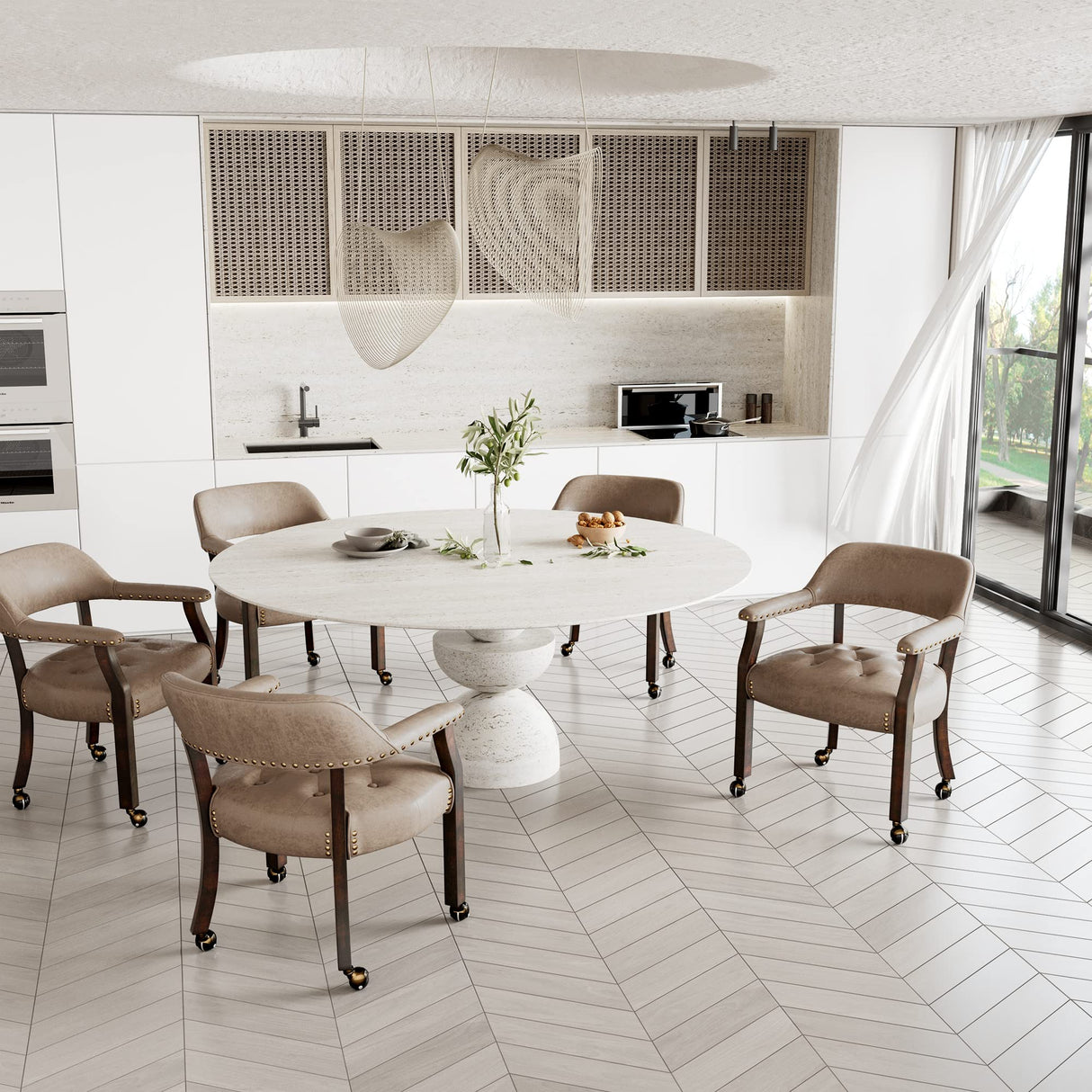 MODERION Solid Wood Boss Caption's Chairs,Dinning Chairs with Wheels and Arms,Office Desk Chairs, Classic Swivel Accent Chairs with Upholstered,Breathing Leather, 31.5¡±H for Living Room Light Brown MODERION